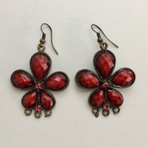 Vintage Trendy *RED* Flower Drop Earrings with Red Crystals for Pierced Ears
